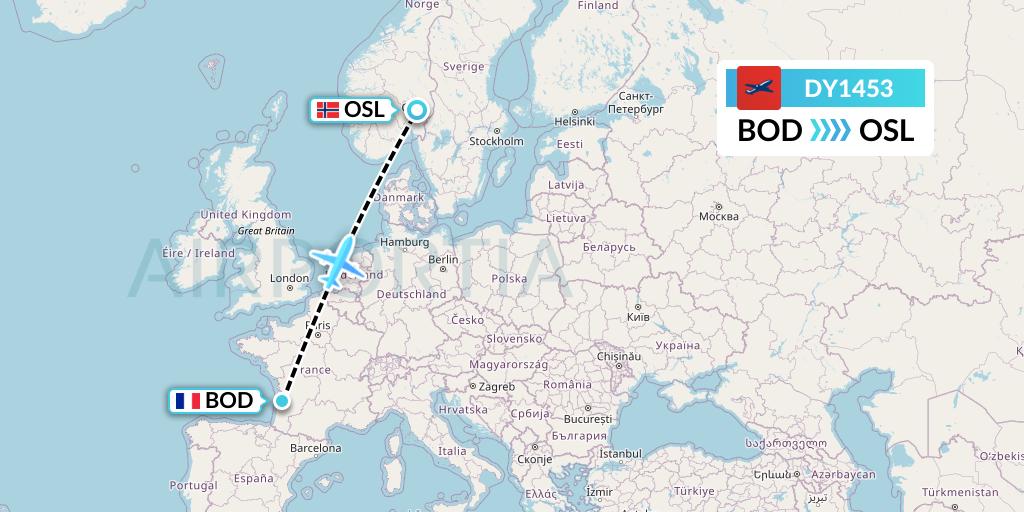 DY1453 Norwegian Flight Map: Bordeaux to Oslo