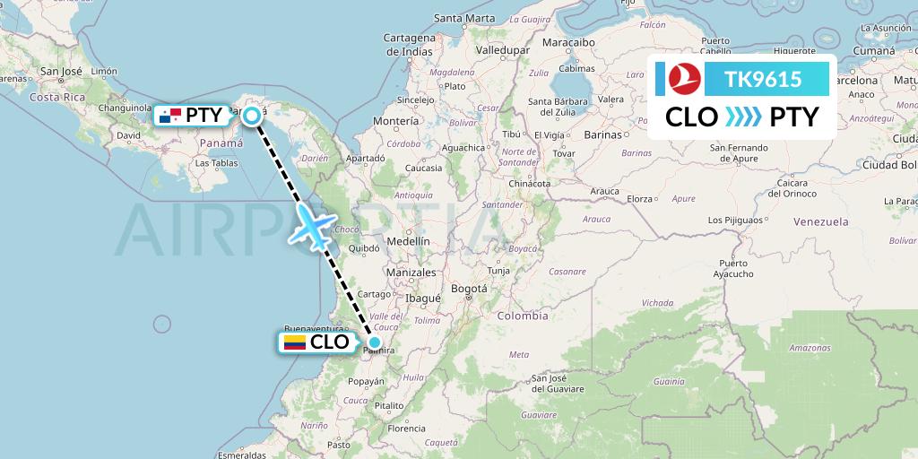 TK9615 Turkish Airlines Flight Map: Cali to Panama City