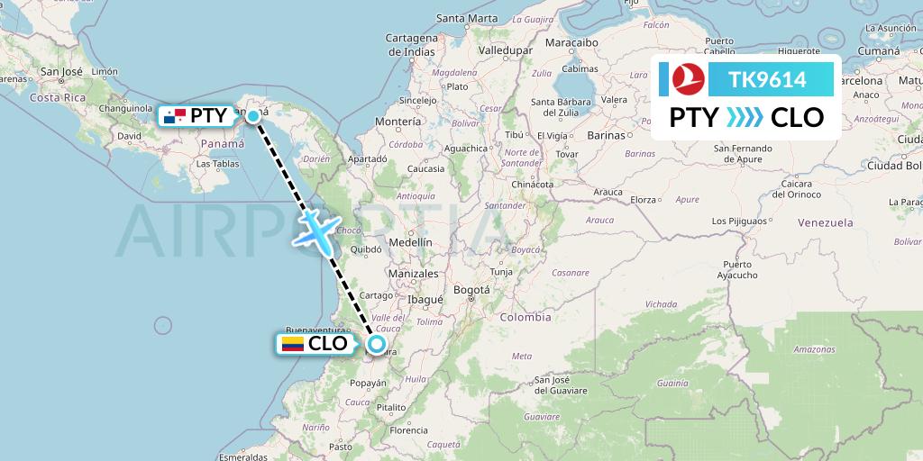 TK9614 Turkish Airlines Flight Map: Panama City to Cali