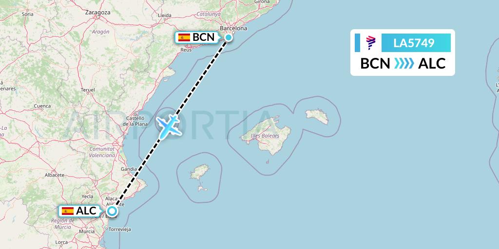 LA5749 LAN Airlines Flight Map: Barcelona to Alicante