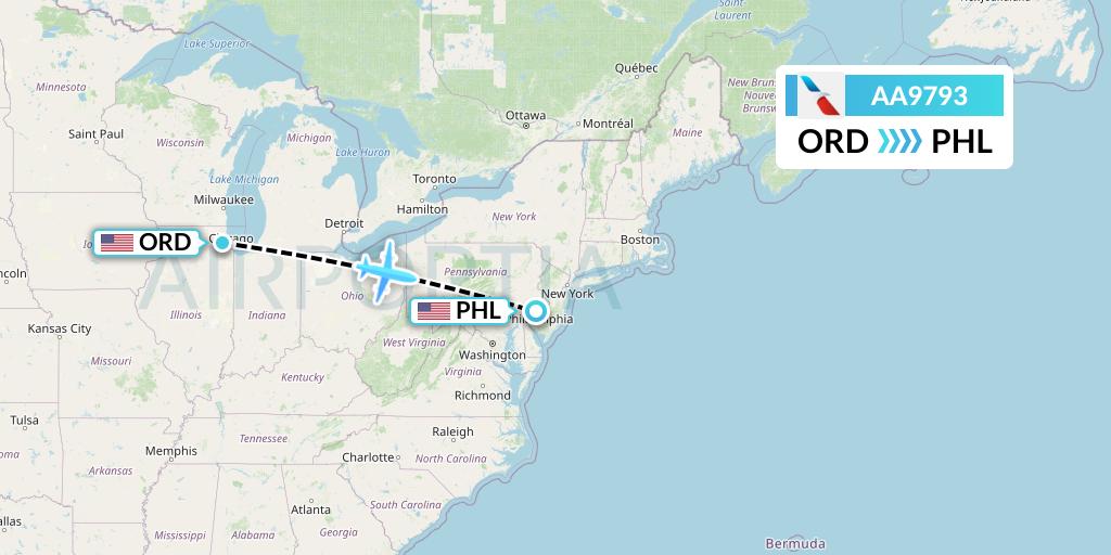 AA9793 American Airlines Flight Map: Chicago to Philadelphia