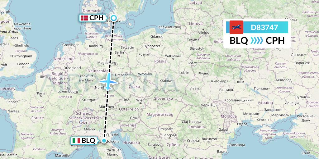 D83747 Norwegian Air International Flight Map: Bologna to Copenhagen