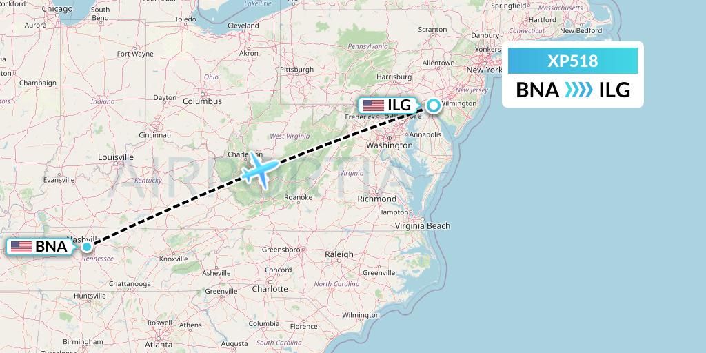 XP518 Avelo Airlines Flight Map: Nashville to Wilmington