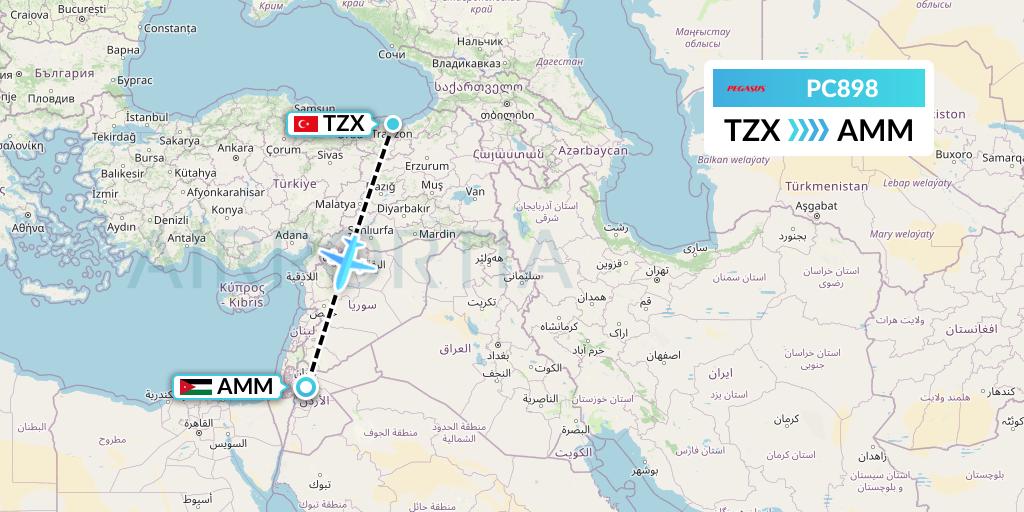 PC898 Pegasus Airlines Flight Map: Trabzon to Amman