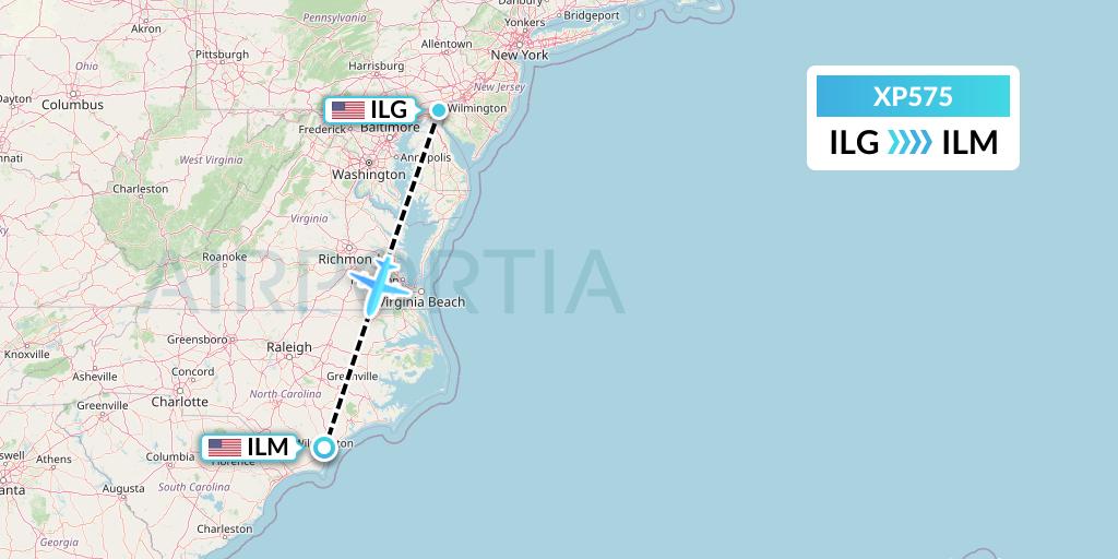 XP575 Avelo Airlines Flight Map: Wilmington to Wilmington