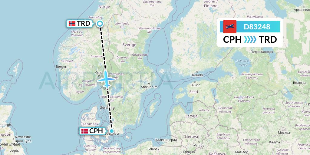 D83248 Norwegian Air International Flight Map: Copenhagen to Trondheim