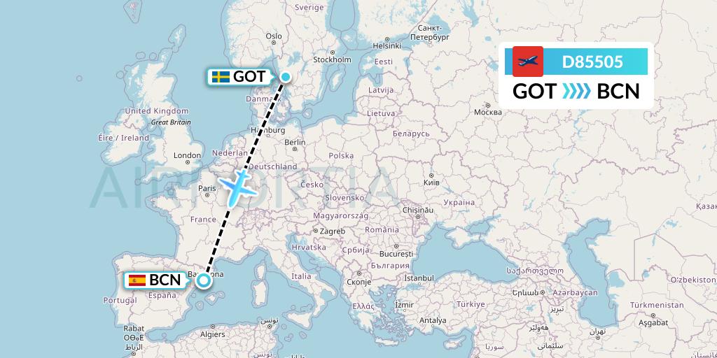 D85505 Norwegian Air International Flight Map: Gothenburg to Barcelona