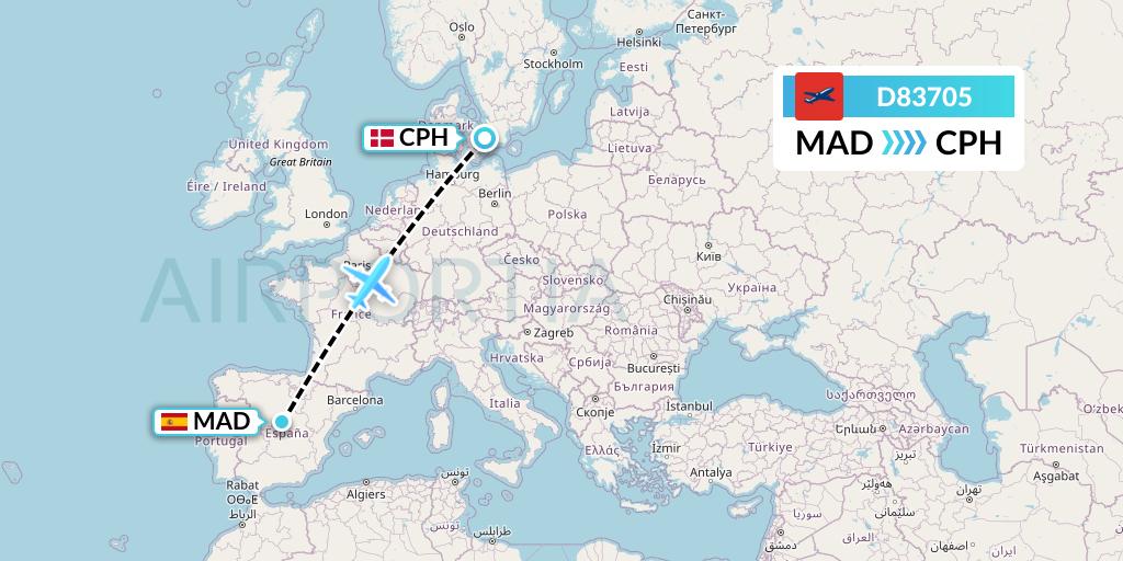 D83705 Norwegian Air International Flight Map: Madrid to Copenhagen