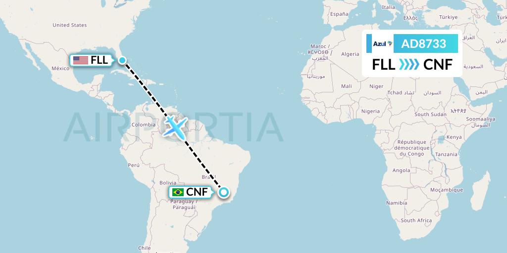 AD8733 Azul Brazilian Airlines Flight Map: Fort Lauderdale to Belo Horizonte