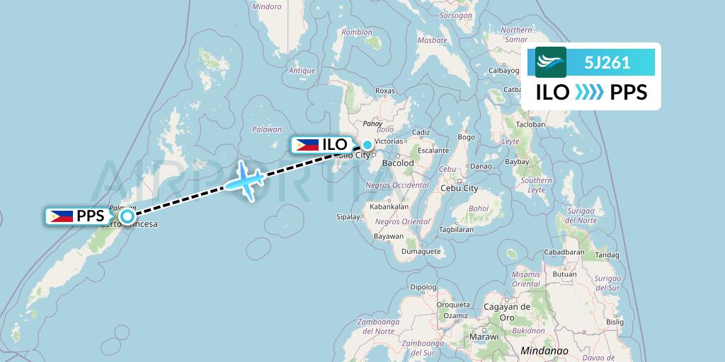 5J261 CEBU Pacific Air Flight Map: Iloilo to Puerto Princesa City