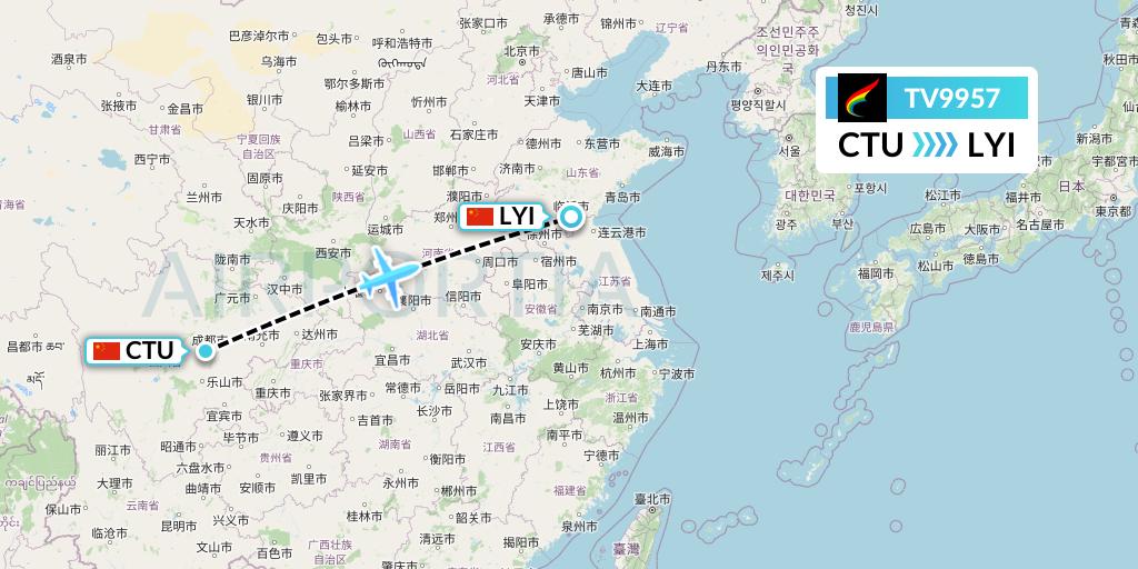 TV9957 Tibet Airlines Flight Map: Chengdu to Linyi