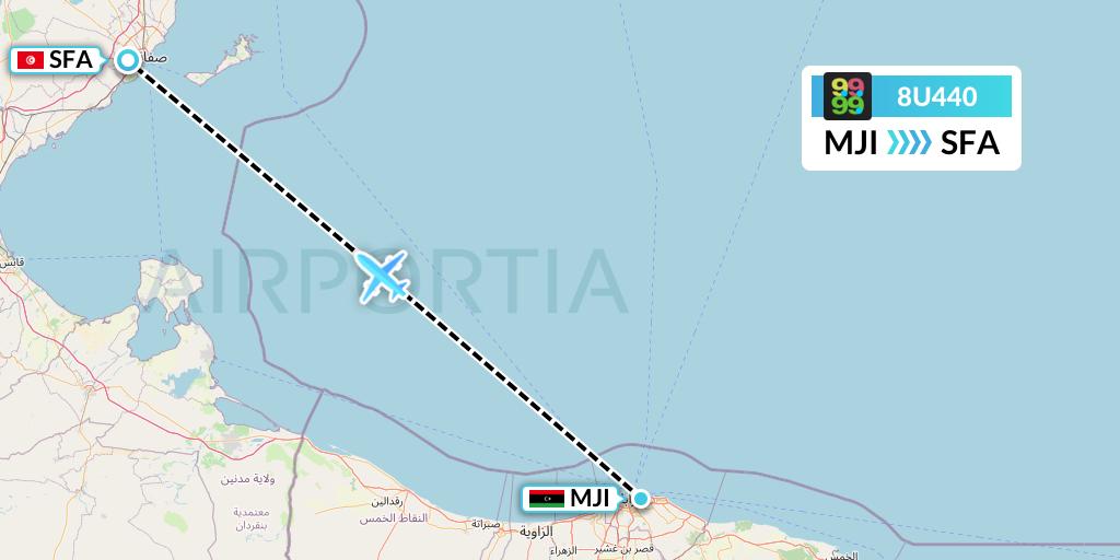8U440 Afriqiyah Airways Flight Map: Tripoli to Sfax
