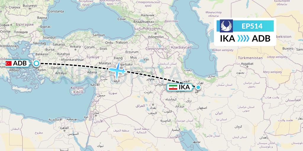 EP514 Iran Aseman Airlines Flight Map: Tehran to Izmir