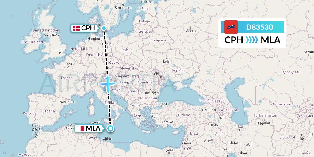 D83530 Norwegian Air International Flight Map: Copenhagen to Malta