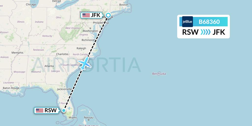 B68360 JetBlue Airways Flight Map: Fort Myers to New York