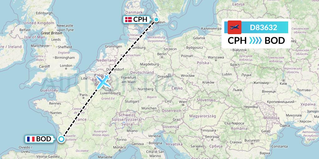 D83632 Norwegian Air International Flight Map: Copenhagen to Bordeaux