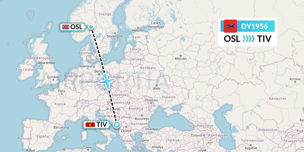 DY1956 Norwegian Flight Map: Oslo to Tivat