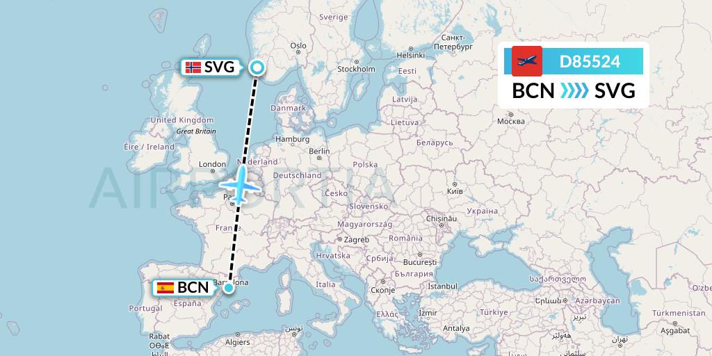 D85524 Norwegian Air International Flight Map: Barcelona to Stavanger