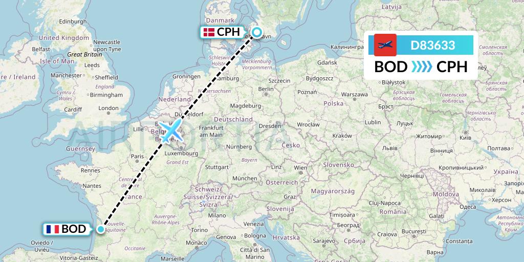 D83633 Norwegian Air International Flight Map: Bordeaux to Copenhagen