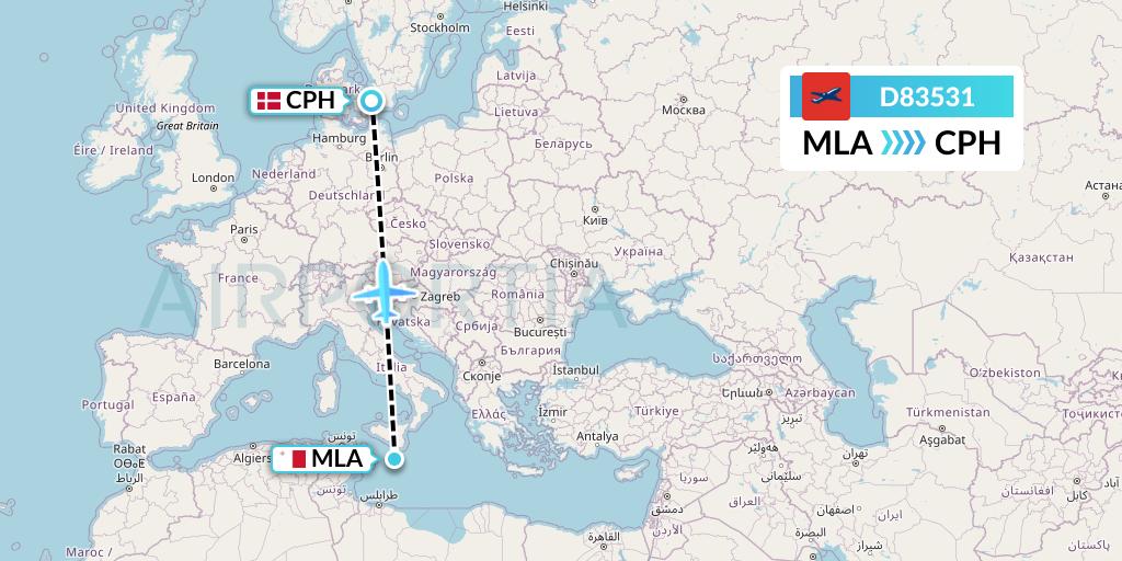 D83531 Norwegian Air International Flight Map: Malta to Copenhagen