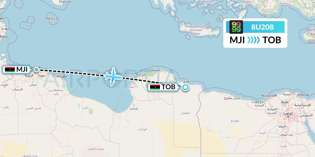 8U208 Afriqiyah Airways Flight Map: Tripoli to Tobruk