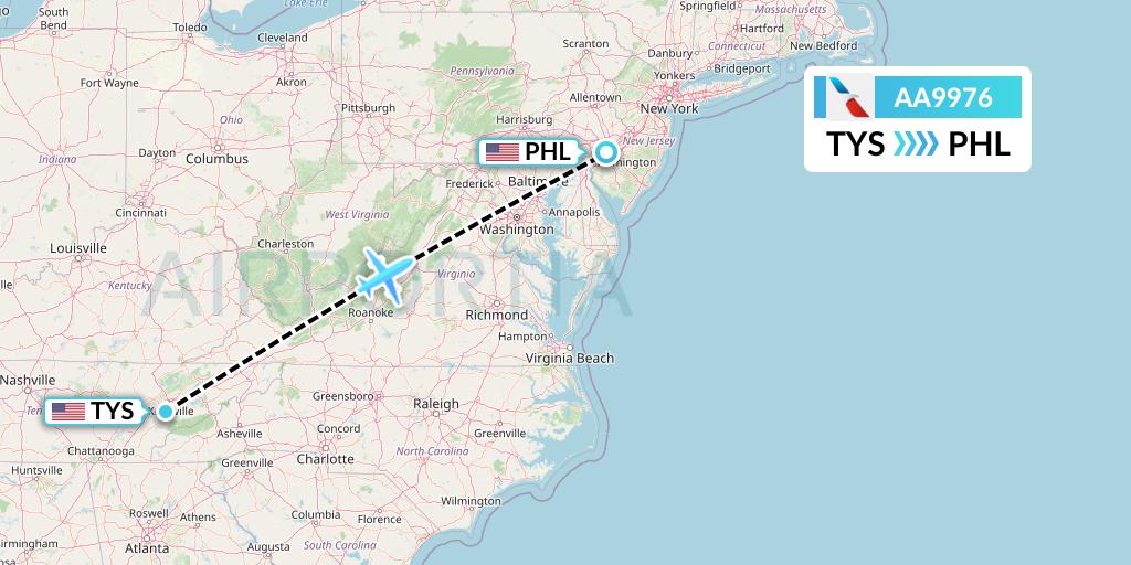 AA9976 American Airlines Flight Map: Knoxville to Philadelphia