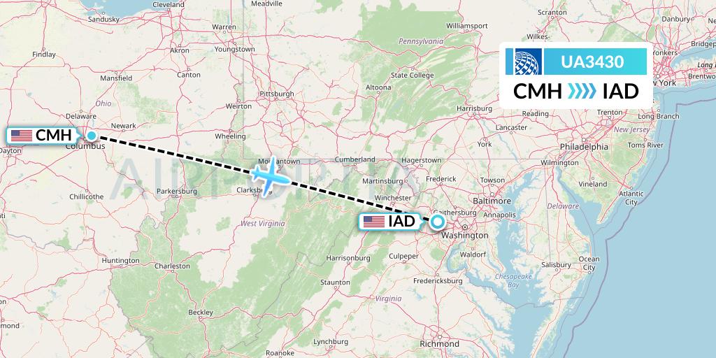 UA3430 United Airlines Flight Map: Columbus to Washington