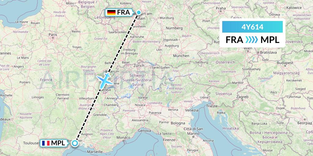 4Y614 Eurowings Discover Flight Map: Frankfurt to Montpellier