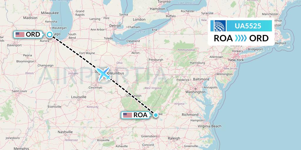 UA5525 United Airlines Flight Map: Roanoke to Chicago
