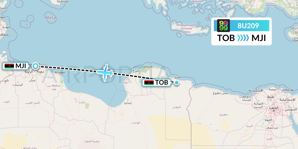 8U209 Afriqiyah Airways Flight Map: Tobruk to Tripoli