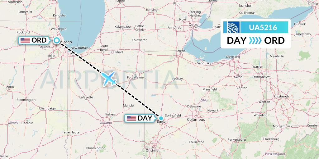 UA5216 United Airlines Flight Map: Dayton to Chicago