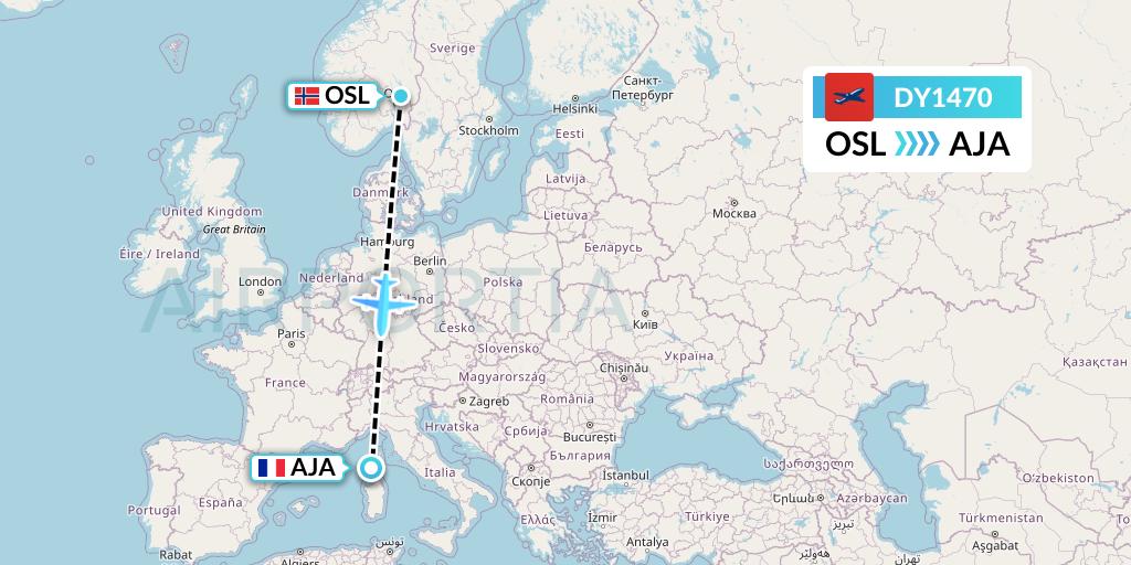 DY1470 Norwegian Flight Map: Oslo to Ajaccio