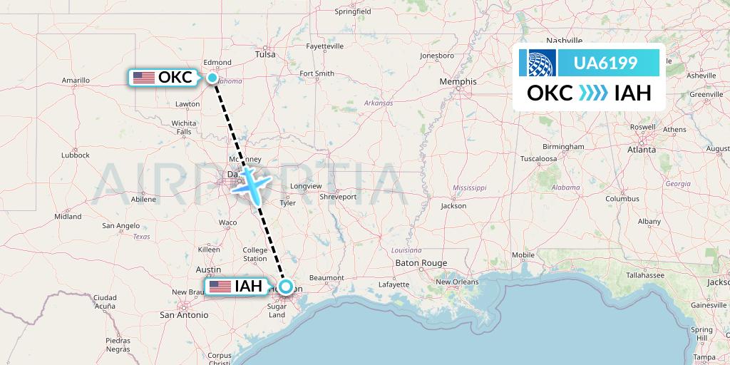 UA6199 United Airlines Flight Map: Oklahoma City to Houston