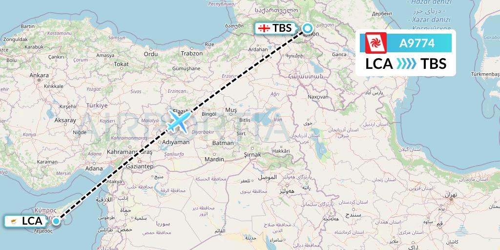 A9774 Georgian Airways Flight Map: Larnaca to Tbilisi