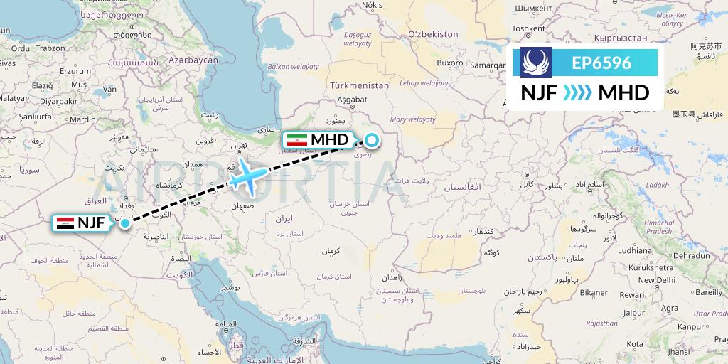 EP6596 Iran Aseman Airlines Flight Map: Najaf to Mashhad