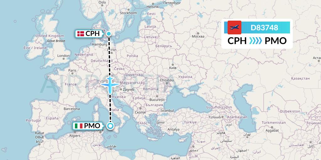D83748 Norwegian Air International Flight Map: Copenhagen to Palermo
