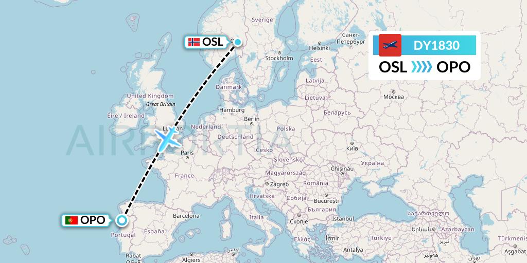 DY1830 Norwegian Flight Map: Oslo to Porto