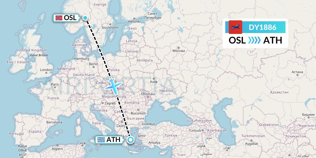 DY1886 Norwegian Flight Map: Oslo to Athens
