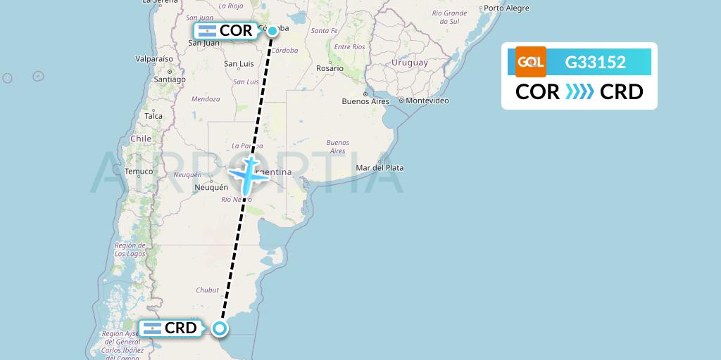 G33152 GOL Transportes Aeros Flight Map: Cordoba to Comodoro Rivadavia