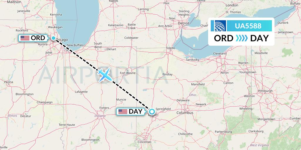 UA5588 United Airlines Flight Map: Chicago to Dayton
