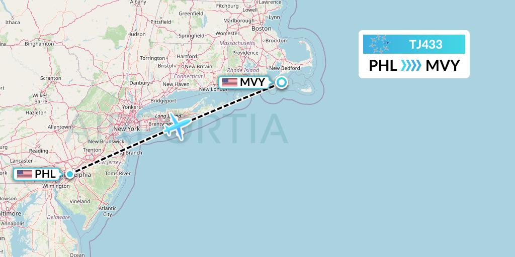 TJ433 Tradewind Aviation Flight Map: Philadelphia to Martha's Vineyard
