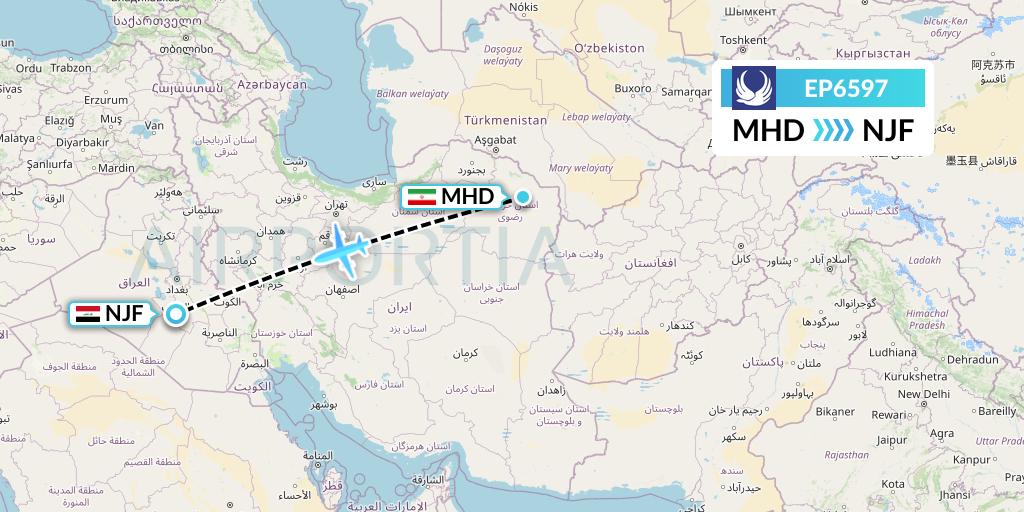 EP6597 Iran Aseman Airlines Flight Map: Mashhad to Najaf