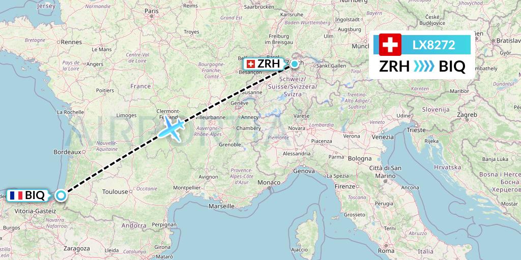 LX8272 Swiss Flight Map: Zurich to Biarritz