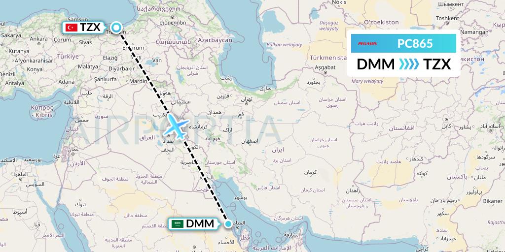 PC865 Pegasus Airlines Flight Map: Dammam to Trabzon