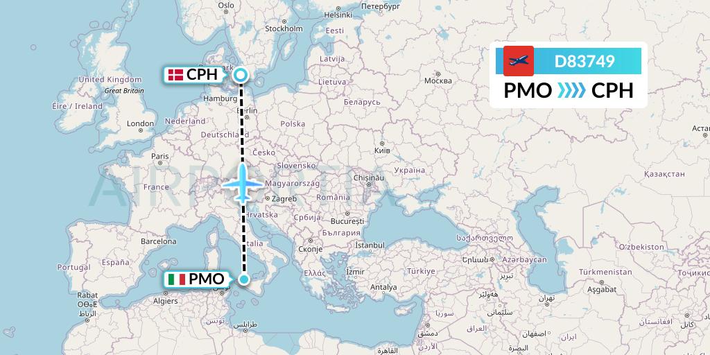 D83749 Norwegian Air International Flight Map: Palermo to Copenhagen