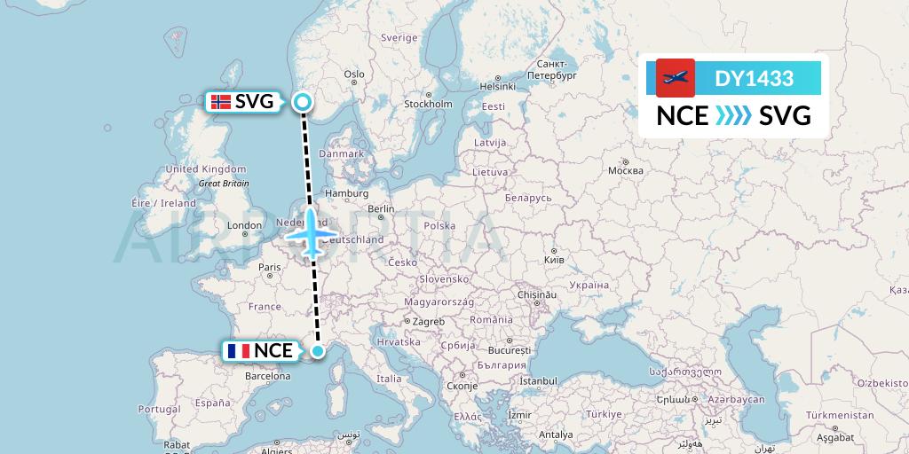 DY1433 Norwegian Flight Map: Nice to Stavanger
