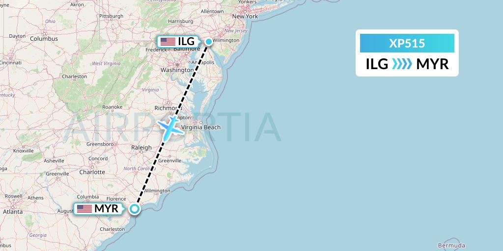 XP515 Avelo Airlines Flight Map: Wilmington to Myrtle Beach