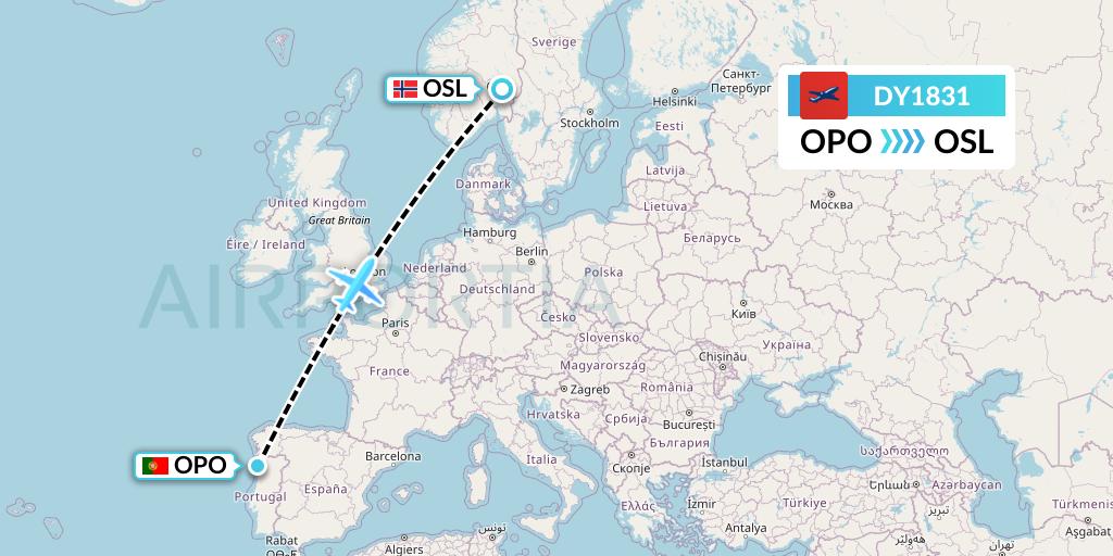 DY1831 Norwegian Flight Map: Porto to Oslo