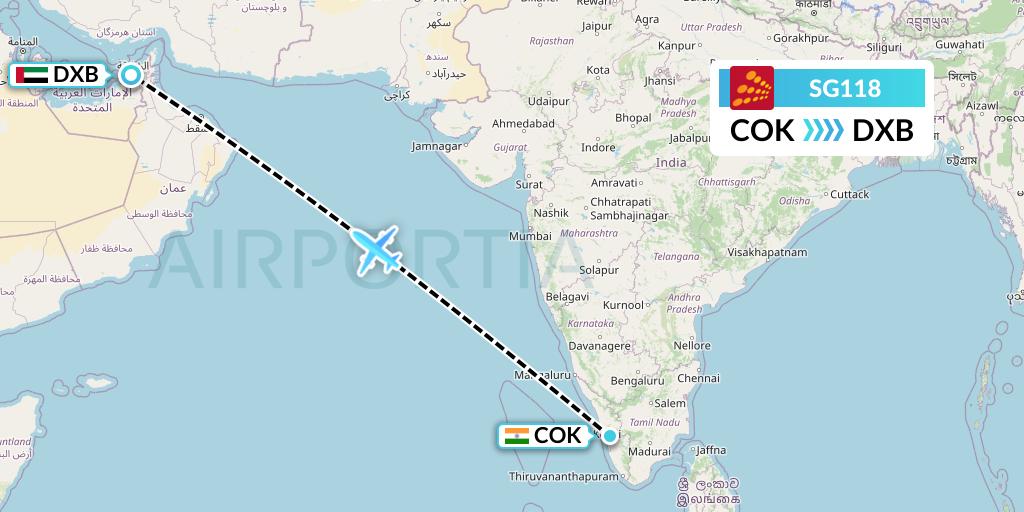 SG118 SpiceJet Flight Map: Cochin to Dubai