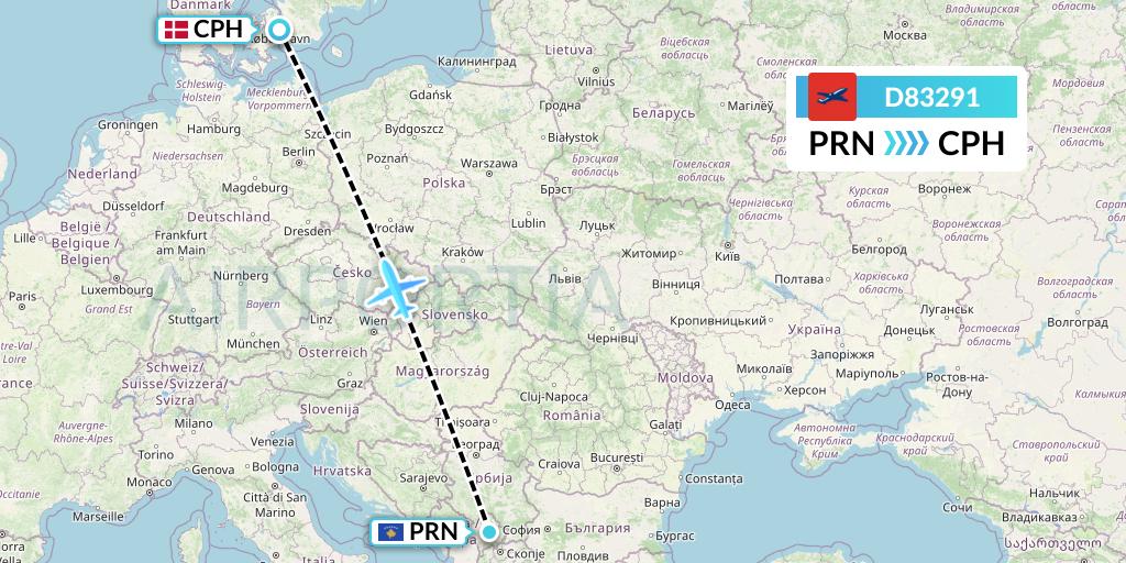 D83291 Norwegian Air International Flight Map: Pristina to Copenhagen